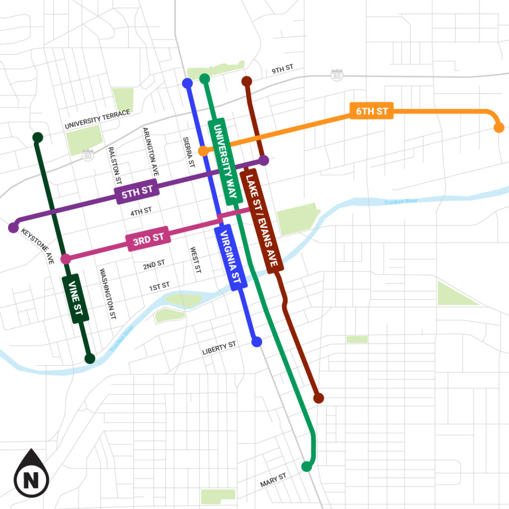 A map of Reno Nevada with proposed active transportation routes